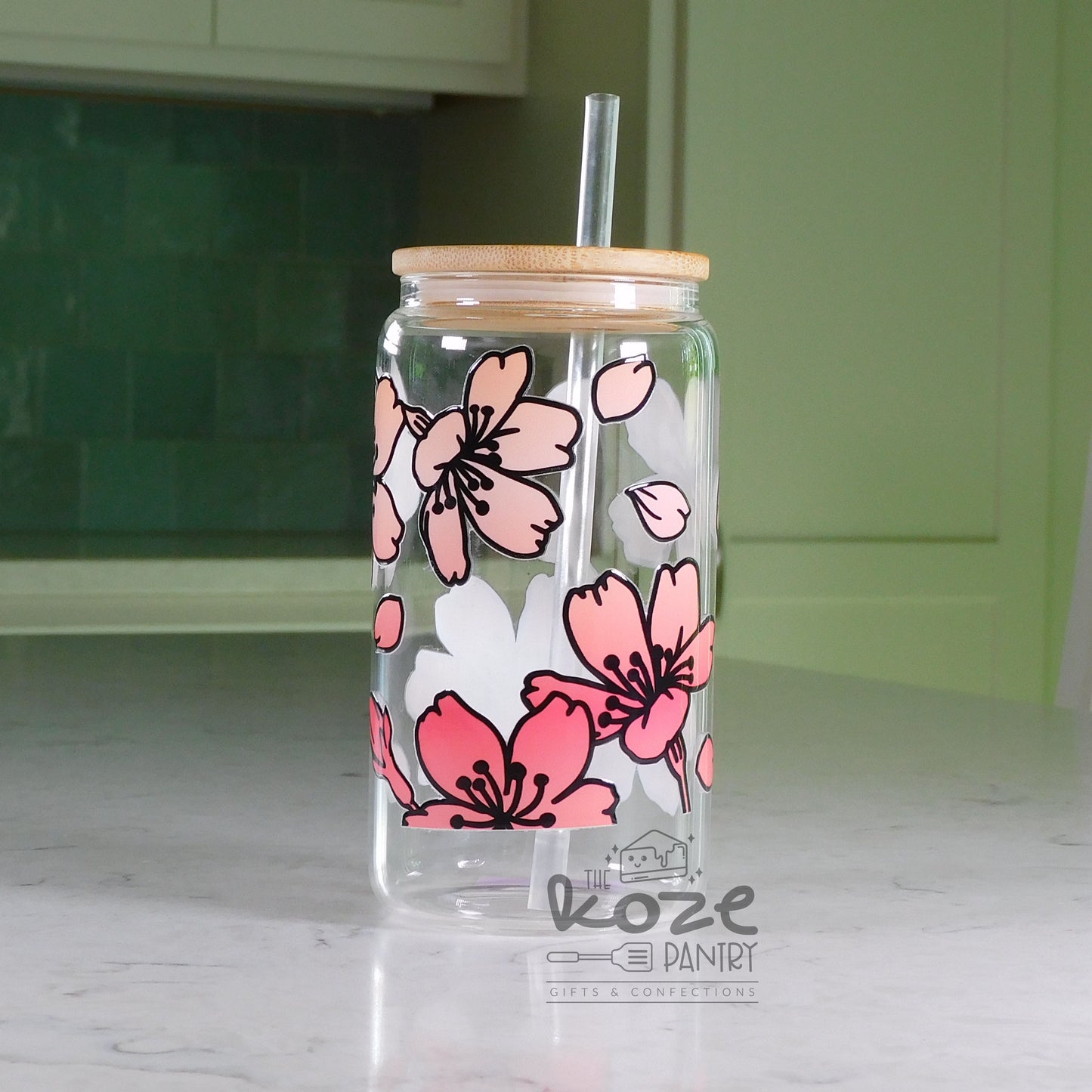 Pink Blossoms 16 oz Glass Can