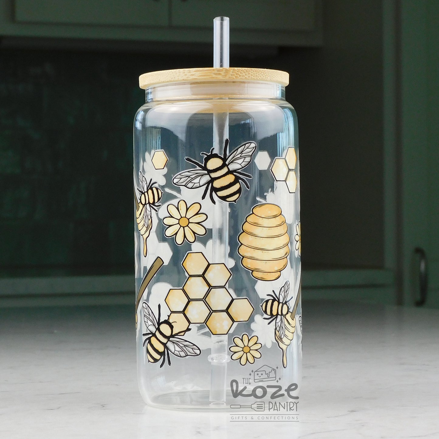 Watercolor Bees 16 oz Glass Can