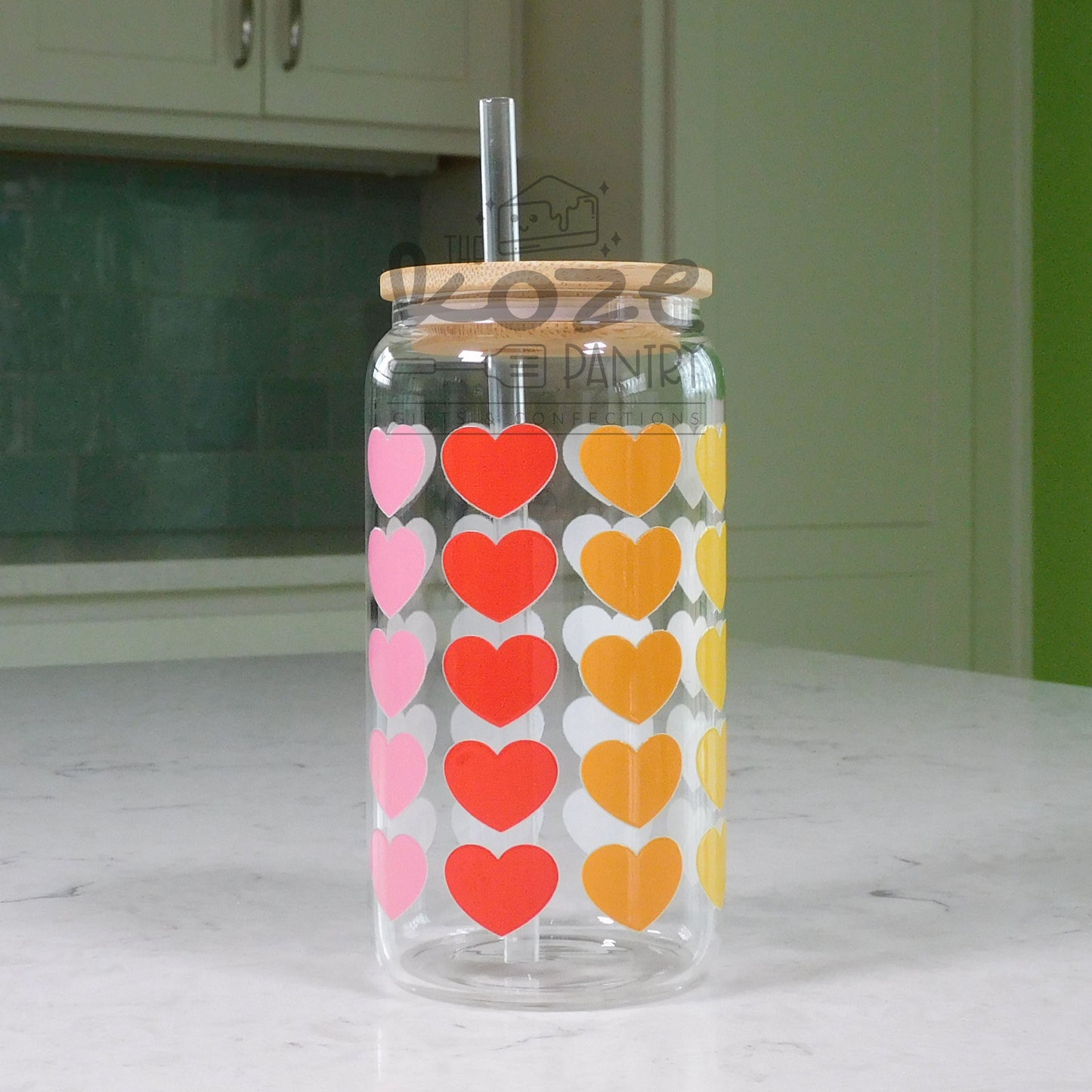 Rainbow Hearts 16 oz Glass Can