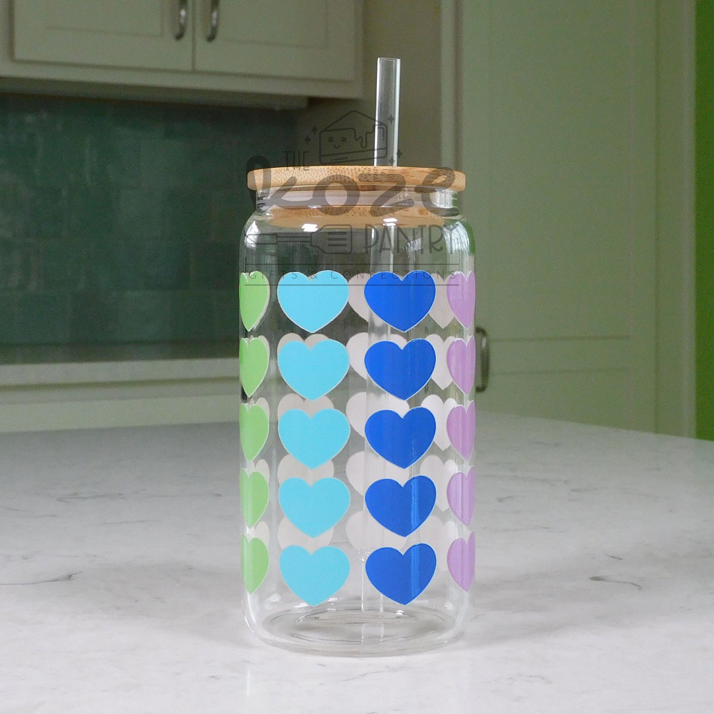 Rainbow Hearts 16 oz Glass Can