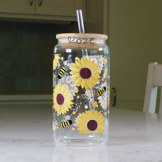 Sunflowers & Bees 16 oz Glass Can