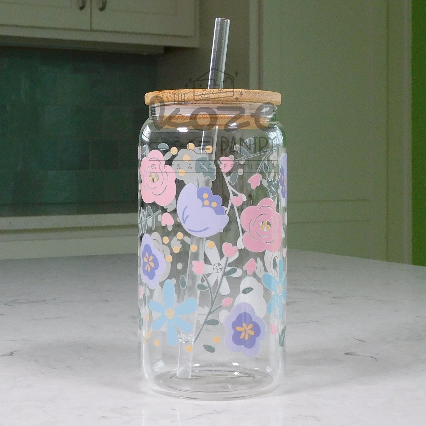 Pastel Floral Delight 16 oz Glass Can