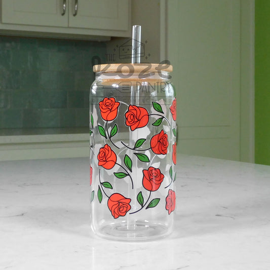 Red Roses 16 oz Glass Can