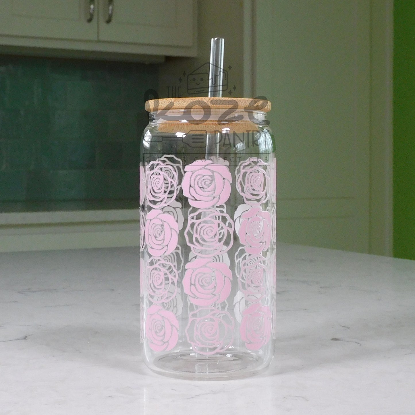 Pink Roses 16 oz Glass Can