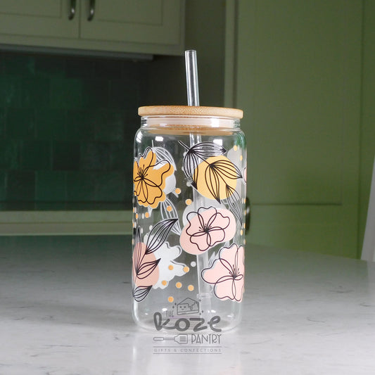 Boho Floral 16 oz Glass Can