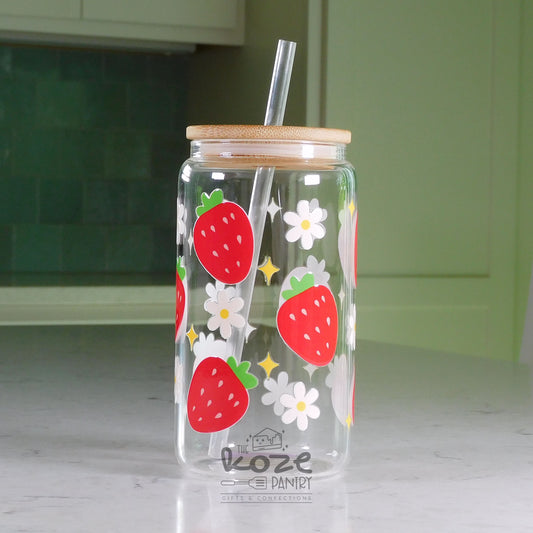 Strawberry and Daisies 16 oz Glass Can